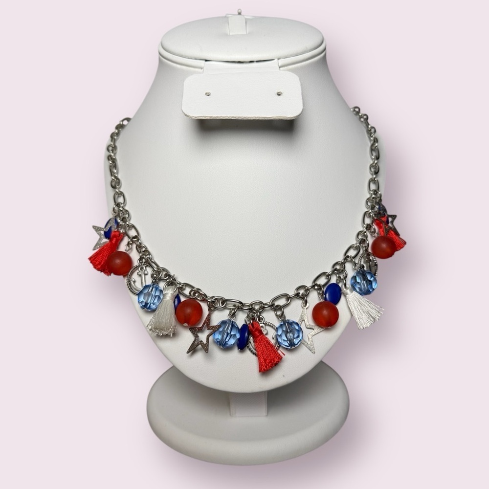 Red White and Blue Nautical Bead Chain Charm Necklace